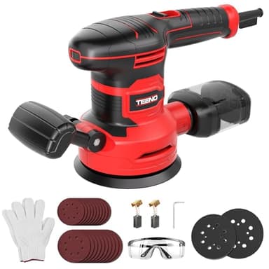TEENO Ponceuse Orbitale 450W, 6 Vitesses, 13000 RPM,Ø125/150mm, 20 Disques Abrasifs, Collecte de Poussière, Câble 2m – Avec Lunettes et Gants – Pour Bois, Métal, Plastique