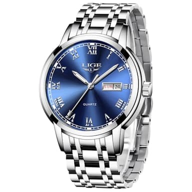 LIGE Montre Homme, Montres Bracelet Analogique à Quartz, Acier Inoxydable Etanche 3ATM, Fonction Calendrier, Aiguilles Lumineuses Affichage, Mode Assortissement Business Décontracté, Bleu