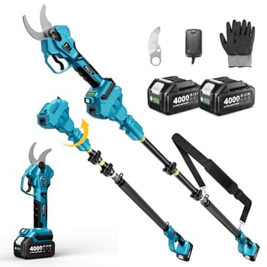 SEESII Sécateur Électrique Avec Perche, Coupe Max 45 mm, 2-en-1 Sécateur Électrique Sans Fil Télescopique, Portée Totale 4,5 m, 2 * 4,0Ah Batteries, Lame SK5, Jardin/Arbres/Fleurs PS041Pro