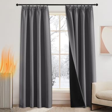 PONY DANCE Rideaux Occultant - Rideau Anti Bruit Isolation Thermique Anti Froid, Draperies Galon Fronceur Décoration Fenetre Doublés de Noir Décor Chambre, Gris, L140 x H220cm, 2 PCs