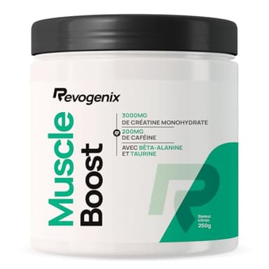 Muscle Boost | Pre-Workout avec Créatine, Caféine, Bêta-Alanine, Tyrosine & Taurine | Booster de Performances Musculaires | Energie & Congestion Musculaire | Pot de 250g | Saveur Citron | Revogenix