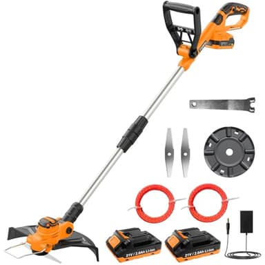 JYGMPRO 21V Coupe Bordure sans Fil, Débroussailleuse à Batterie Brushless avec 2 Batteries 2.0Ah, 2 Lames, 2 Bobines (5m), Poignée Réglable, Tube Télescopique, Tête Pivotante 90°pour Jardin Élagage