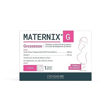 Densmore - MATERNIX G Vitamines Grossesse - Complément Alimentaire Acide Folique Grossesse - Spécifique femme enceinte - Fatigue, Mémoire et Immunité - 30 capsules - Cure 1 mois - Fabriqué en Europe