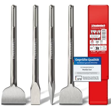 SCHWABENBACH® Jeu de Burins SDS MAX 4 Pièces 280 mm – 2 Burins Plats 25 mm & 50 mm + Burin Pointe 25 mm + Burin Pour Carrelage SDS MAX 50 mm (Incurvé) – EXTRÊMEMENT ROBUSTE – (Pas SDS PLUS)