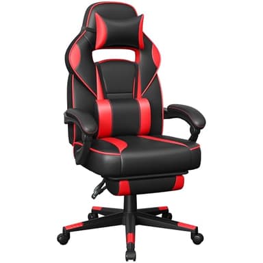 SONGMICS Fauteuil de Bureau, Chaise Gaming, RÉglable, Repose-Pieds TÉlescopique, MÉcanisme À Bascule, Appui-tÊte, Support Lombaire, Charge 150 kg, Noir d'encre et Rouge Fraise OBG73BRV1