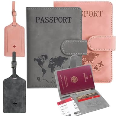 UptVin 2 Pièces Protège Passeport, Pochette Passeport avec Étiquettes à Bagage Protège Passeport pour Hommes Femmes Porte Passeport pour Passeports, Cartes de Crédit, Documents de Voyage