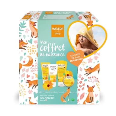 WELEDA - Coffret Cadeau Naissance - Soins Douceur Bébé au Calendula – Crème Lavante, Crème Visage, Crème Pour Le Change, Baume intense universel, Cape De Bain Coton Bio, NATRUE, 200ml+75ml+50ml+25g,