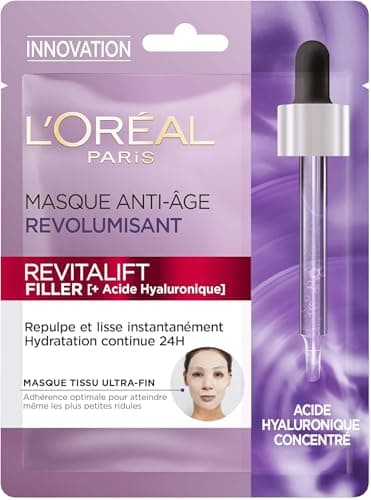 L'Oréal Paris - Masque Tissu Visage au Sérum Anti-Rides Revolumisant - Hydratation 24H - Anti-Age & Repulpant - À l'Acide Hyaluronique Pur - Coton Japonais Ultra-Fin - Revitalift Filler - 28 g