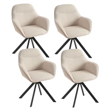 Goeurvant Lot de 4 Chaise Pivotante Salle à Manger avec Accoudoirs à 360° Chaise Beige de Cuisine Fauteuil Rembourrées en Lin avec Pieds en Métal