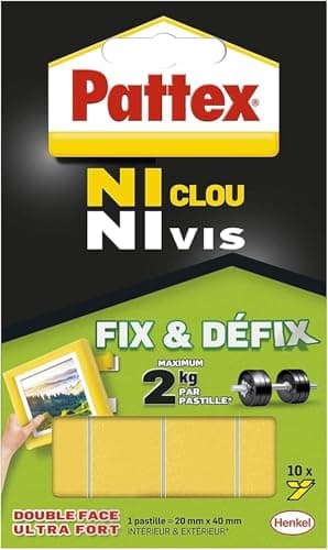 Pattex Ni Clou Ni Vis Fix & Défix (10 pastilles de 20 x 40 mm) – Adhésif de fixation surpuissant facilement démontable – Adhésif double face pour toutes surfaces et objets