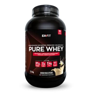 WHEY PROTEIN - Vanille - 2,2 kg -EAFIT - Marque Française N°1 en Nutrition Sportive - 31g de Proteine Whey - BCAA - Shaker Proteine - Pre Workout, Musculation - Protéines Whey