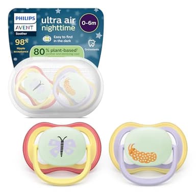 Philips Avent Sucettes de nuit ultra air - Tétines orthodontiques, pour bébés de 0 à 6 mois, phosphorescentes, en silicone souple d'origine végétale, sans BPA, lot de 2, SCF376/25