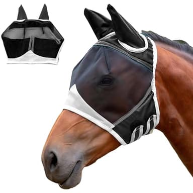 LUMOOM Masque anti-mouches pour cheval avec protection UV, masque de cheval avec protection des oreilles, cagoule anti-mouche, masque de cheval (M, noir)