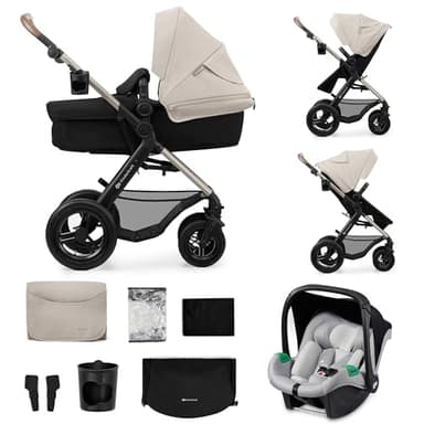 Kinderkraft MOOV2 AIR Poussette 3 en 1, Système de voyage de la naissance à 22 kg, Siège auto Mink PRO I-Size inclus, Capote extensible avec filtre UPF50+, Roues gonflables, Gris