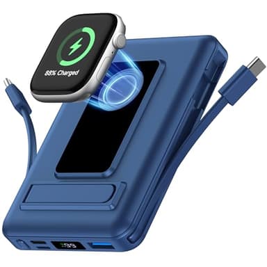 Vexnara for Batterie Externe Iphone, 10000mAh Power Bank Magnétique Compatible avec MagSafe, Charge Rapide PD 20W avec 2 Câble et Support et Affichage LED, for iPhone 17-12 et Apple Watch Series(bleu)