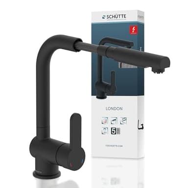 SCHÜTTE LONDON Robinet Cuisine Basse Pression avec Douchette Extensible Mitigeur, Rabattable Mitigeur Robinet Evier de Cuisine avec Douchette, Rotative à 360° Froid & Chaud Disponible, Noir