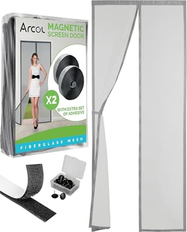 ARCOL Moustiquaire Porte Fenetre 120x220 cm Antigriffes en Fibre de Verre - Moustiquaire Magnétique avec 2 Ensembles de Bandes Adhésives, 1 Extra pour la 2ème Saison - Base avec Poids (Gris)