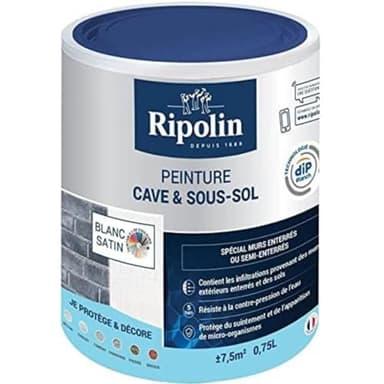 RIPOLIN - Peinture Cave & Sous-sol Intérieur - Résiste à la contre-pression de l'eau - Anti-Suintement & Anti-Moisissures - Microporeuse - Anti-infiltrations - Lessivable - Satin - 0,75L - Blanc