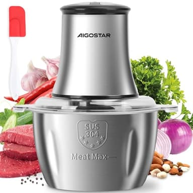 Aigostar Flor - Hachoir électrique avec bol en acier inoxydable de 1.8L et 4 lames en acier inoxydable, Hachoir à Viande de 500W, 2 vitesses, convient pour la viande, légume, oignon, fruit et herbe