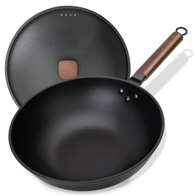 Jobin 33 cm/5,6L Wok en Acier au Carbone Avec Couvercle en Fer - Sans Revêtement Chimique - Cuisiner des Plats Asiatiques pour 4-6 Personnes - Convient à Induction/Electrique/Gas
