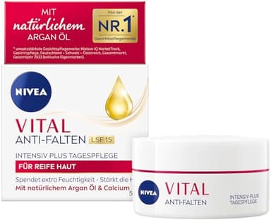 NIVEA VITAL Soin de jour anti-rides Intensiv Plus SPF 15, soin du visage pour peaux matures à l'huile d'argan naturelle et au calcium, crème de jour avec SPF pour une hydratation intense (50 ml)