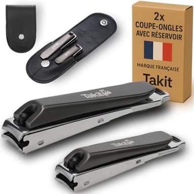 Coupe Ongle Avec Réservoir En Acier Inoxydable [GARANTIE 5 ANS] Marque Française - Kit De 2 Coupe-ongles Petit Et Grand - Avec Lime Intégrée Et Étui De Rangement