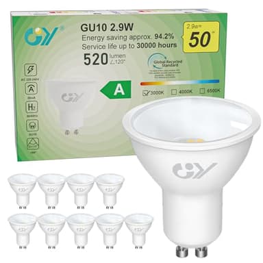 GY Ampoules LED GU10 Classe A 2.9W Equivalent 50W, 520LM 3000K Blanc Chaud, Angle de Lumière 100°, Ampoule GU10 Led Efficacité Energétique, Non-Dimmable, Lot de 10