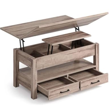 Rolanstar Table Basse Relevable et Extensible en Bois – avec Tiroir, Rangement Caché et Compartiment Ouvert – Convertible en Table à Manger – Idéale pour Petits Espaces – Bois Clair