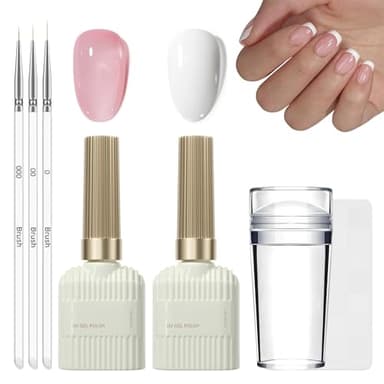 French Manucure Jelly Nude & White Kit de vernis à ongles en gel UV avec 3 brosses à ongles et tampons à ongles, vernis à ongles UV Soak Off pour tampons français classiques et nail art DIY (nude, ML