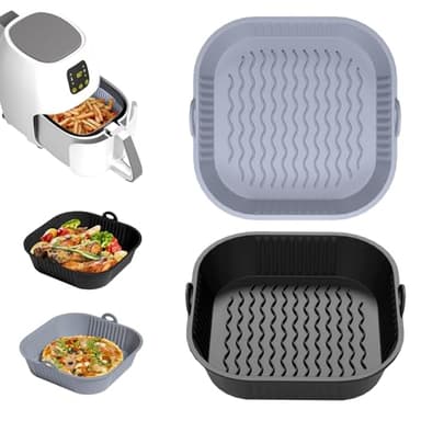 Diboniur Moule Silicone Air Fryer Accessoires 5-8 L, 2Pcs 21cm Plat Silicone Air Fryer, Panier Moule Cuisine Réutilisable (Gris et Noir)
