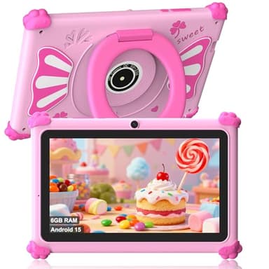 ascrecem Tablette Enfants 7 Pouces Android 15 Tablette pour Enfant avec 2.4G+5G WiFi6 Penta Core 6Go RAM 32Go ROM Double Caméra 128Go Extension Tablet Tactile Éducative Contrôle Parental (Rose)