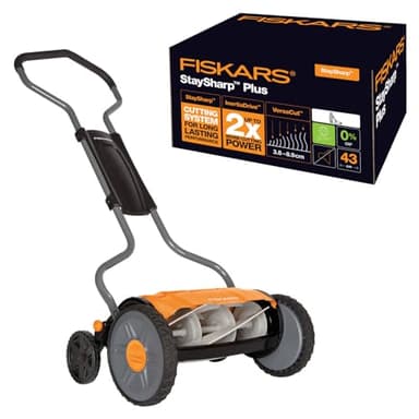 Fiskars Tondeuse à gazon manuelle, Tondeuse à cylindre avec système de coupe sans frottement des lames, Largeur de coupe: 43 cm, StaySharp Plus, Noir/Orange/Argenté, 1015649