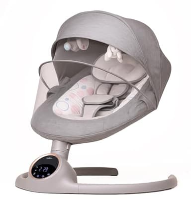 BEBE2LUXE Alpha : Balancelle bebe/Transat bebe électrique, écran tactile LED, telecommande, bluetooh, harnais de sécurité 5 points, jusqu'a 9kg (gris)