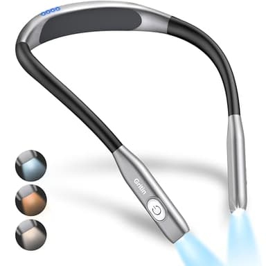 Gritin Lampe de Lecture de Cou Rechargeable, Liseuse Lampe pour Lire au Lit, Gradation en Continu & 3 Couleurs Protection des Yeux avec Fonction Mémoire, 80H+Autonomie,Cou Ergonomique-Gris