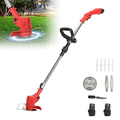 Débroussailleuse Electrique sans Fil 2.0Ah Coupe Bordure avec 2 Batterie et Chargeur Taille Bordure avec Roues & avec 3 Type De Lames, Pliage Rétractable Tête Pivotante 90°pour Jardin Élagage (Rouge)