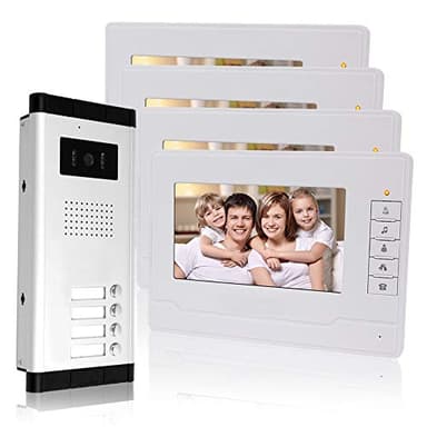KDL Filaire Système téléphonique de Porte Sonnette vidéo de 7 Pouces 4 moniteurs avec 1 caméra extérieure avec Quatre Boutons d'appel, Vision Nocturne IR, Audio pour Appartements Multiples/Familles