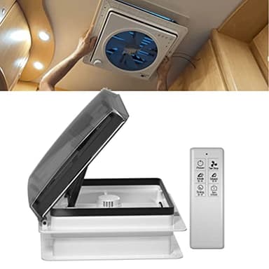 2012 Air Max Ventilateur De toit Camping Car, électrique Ultra faible bruit Ventilation de RV permanente Ventilateur d'extraction réversible 12V, avec 14" couvercle anti-UV Translucent