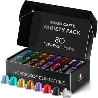 ROSSO CAFFÈ Reserve Edition Capsule Café — 8 Variétés — 80 Capsules Nespresso Compatibles en Aluminium — Meilleur Goût & Arôme — 100% Recyclable