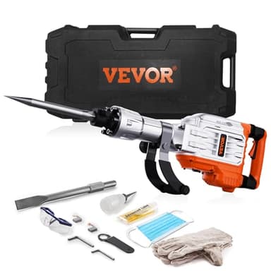 VEVOR Marteau de Démolition 3500 W Marteau-Piqueur 60 J 1900 BPM Marteau Perforateur avec 2 Burins Remplaçables Poignée Rotative 360° Anti-Vibration Brise-Béton pour Burinage Construction Plomberie