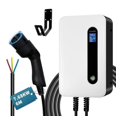 7KW Chargeur Voiture Electrique, Type 2 EVSE Recharge Voiture Electrique avec écran Numérique (IEC 62196-2, 32A, 6m), Monophasé Borne de Recharge Compatible avec Tesla, i3, S500, A3, V60 et PHEVs