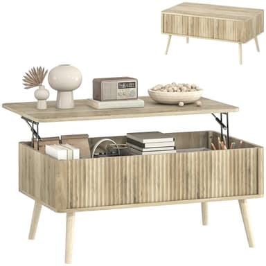 HOMCOM Table Basse relevable, Table de Salon avec 2 Compartiments cachés et Pieds en pin, Style Moderne, pour Salon, Bureau, 91 x 56 x 43 cm, chêne