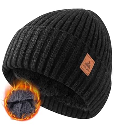 FORVEVO Bonnet Homme Femme Hiver Chaud, Doublure Polaire Classique,Bonnet Court Tricot Extensible, Bonnets Douillet sans Rebord(Noir)