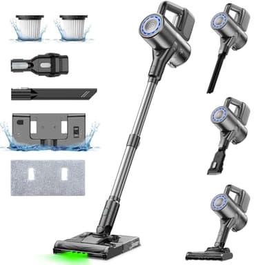VersLife S7PLUS Aspirateur Balai sans Fil avec Fonction Nettoyage, 2 en 1 Aspirateur sans Fil Puissant 35Kpa, Lumière LED Verte, Aspirateur Balai pour Dur Tapis Sols Poils d'animaux