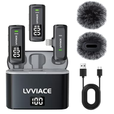 LVVIACE Micro Cravate pour iPhone iPad avec étui de Chargement de 40 Heures pour l'émetteur et l'affichage Numérique, Micro Cravate sans Filde 82 Pieds avec Annulation de Bruit (Lightning)