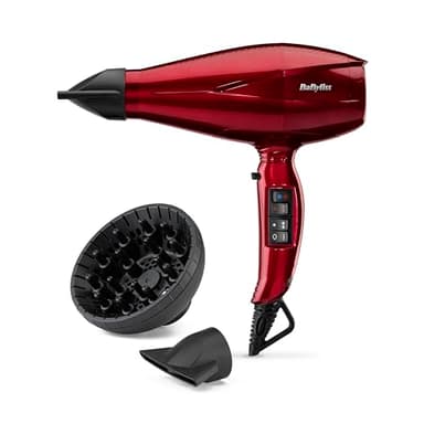 BaByliss Sèche-cheveux Pro Digital avec Diffuseur - Sèche-cheveux ultra-rapide et professionnel de 2200W, Ionique, Fabriqué en Italie, 3 températures & 4 vitesses avec Fonction Turbo, Rouge, 6001DE