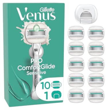 Gillette Venus Lot De 10 Recharges De Rasoir Pour Femmes Pro ComfortGlide Pour Peaux Sensibles Et Sèches, AUTHENTIQUES, Cartouches A 5 Lames, Pack De Têtes De Rechange Avec Une Protection De Voyage