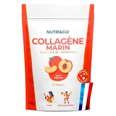 NUTRI & CO Collagene Marin Poudre Types 1, 2, 3 + Vitamine C, Breveté Naticol® & Cartydiss®, Peau Hydratée Soutien Articulaire, Peptides Hydrolysés 2000 DA, 180g Goût Pêche 30jrs, Fabriqué en France