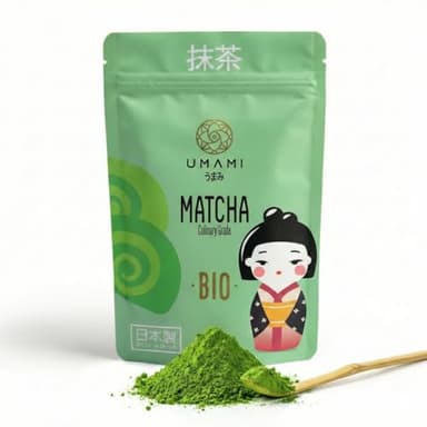 Umami Poudre de Thé Vert Matcha Bio - Qualité Culinaire, Cultivé à Uji, Kyoto (Japon) issu de l'Agriculture Biologique. Excellent à boire ou pour des préparations en cuisine 100gr