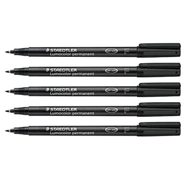 STAEDTLER Feutre Lumocolor permanent, résistant à l'eau et à l'effacement sur presque toutes les surfaces, largeur de ligne F 0,6 mm, rechargeable, longue durée de vie, 5 feutres noirs universels