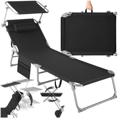 tectake® Chaise Longue Pliante Bain de Soleil Jardin Exterieur avec Pare Soleil, Appuie-tête & Pochette Chaise longue inclinable Transat de plage Relax Jardin Camping Salon de jardin exterieur